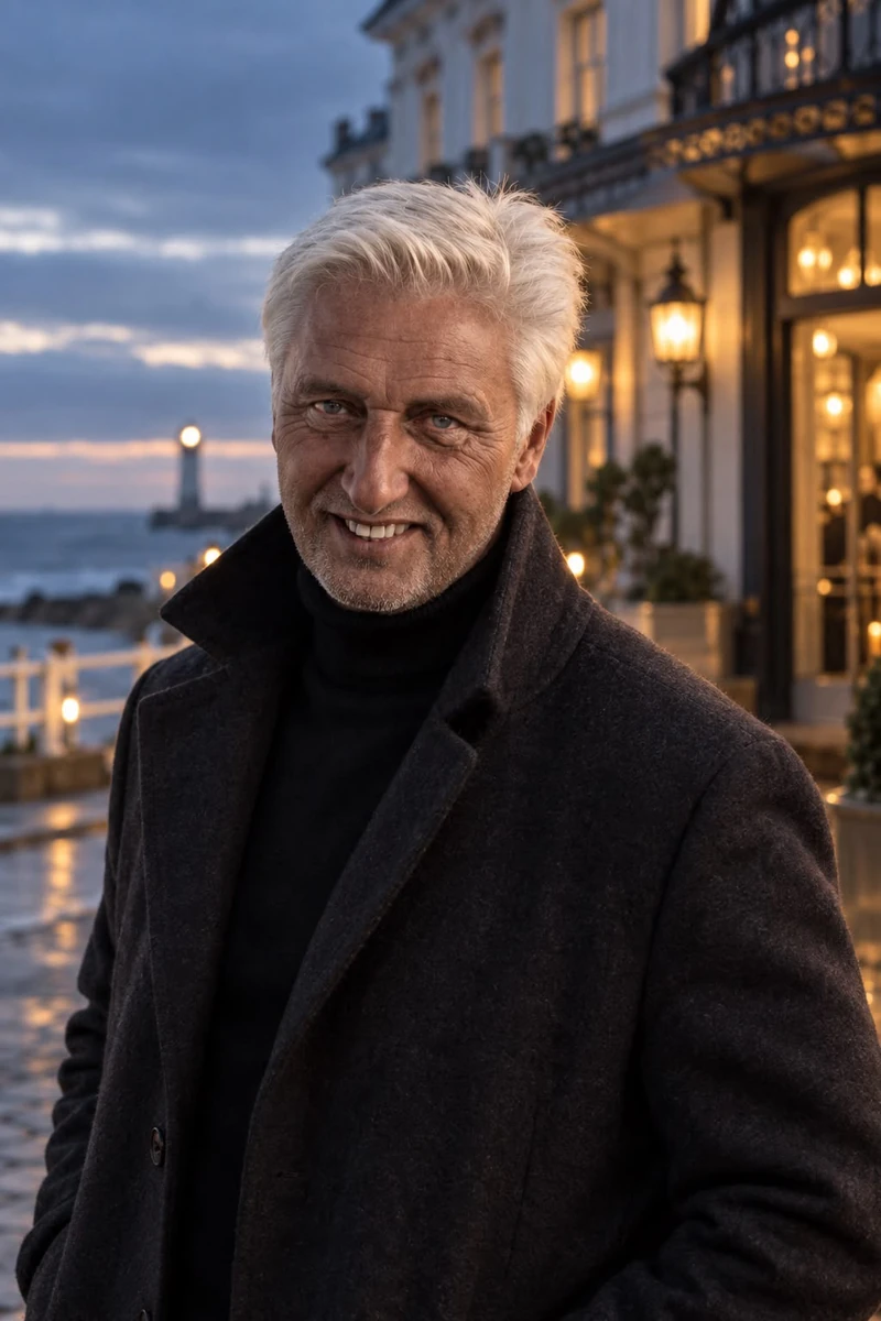 Mario Zakkaloni im dunklen Mantel am Meer